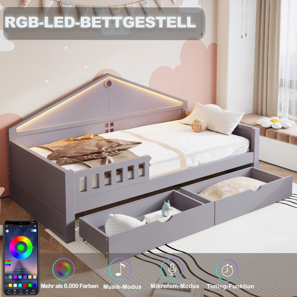 Letto con cassetti 90 × 200 cm con due cassetti LED controllabile da smartphone in legno grigio