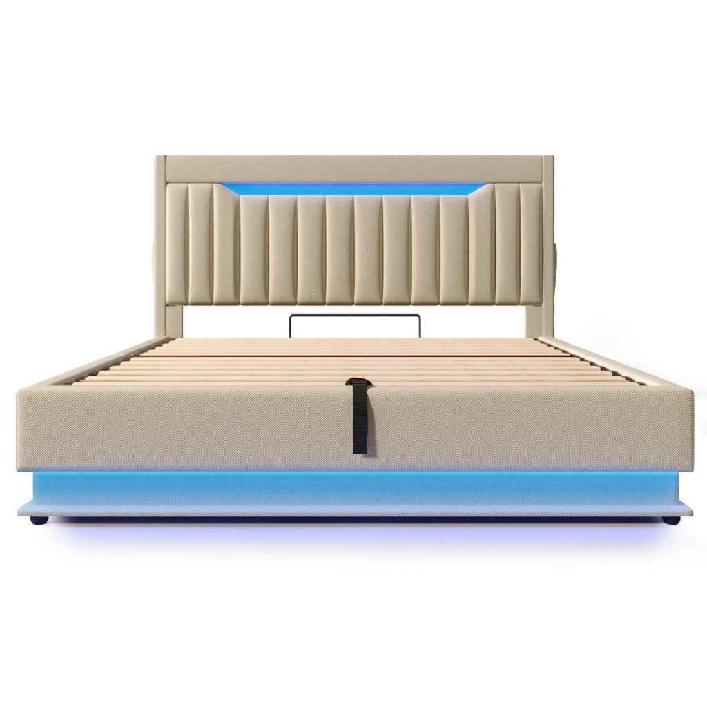Letto matrimoniale 180×200 cm 2 posti con contenitore, LED, 3 USB e porta tipo C, senza materasso, lino beige