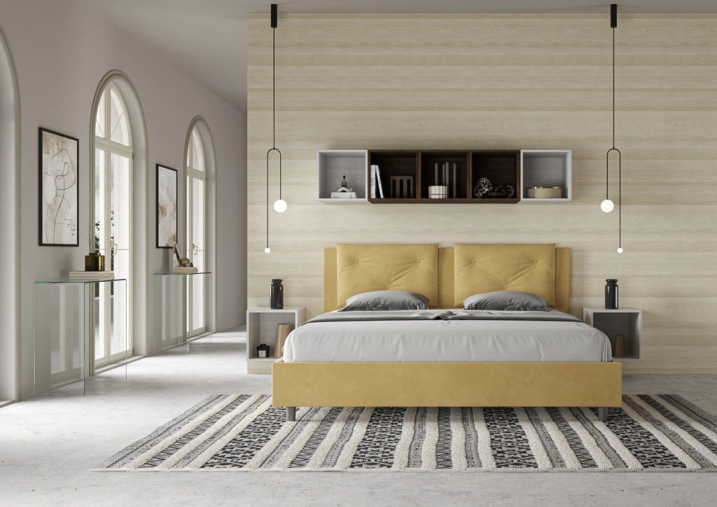 BS COM Letto matrimoniale king size con rete imbottito 190x200 microfibra ocra