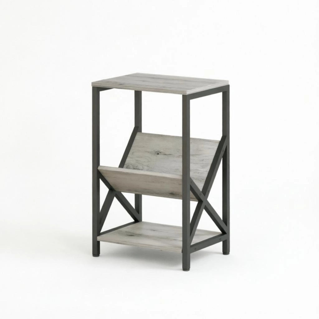Tavolino laterale con portariviste a V e ripiano in pannello di particelle grigio scuro 40 × 30 × 61 cm