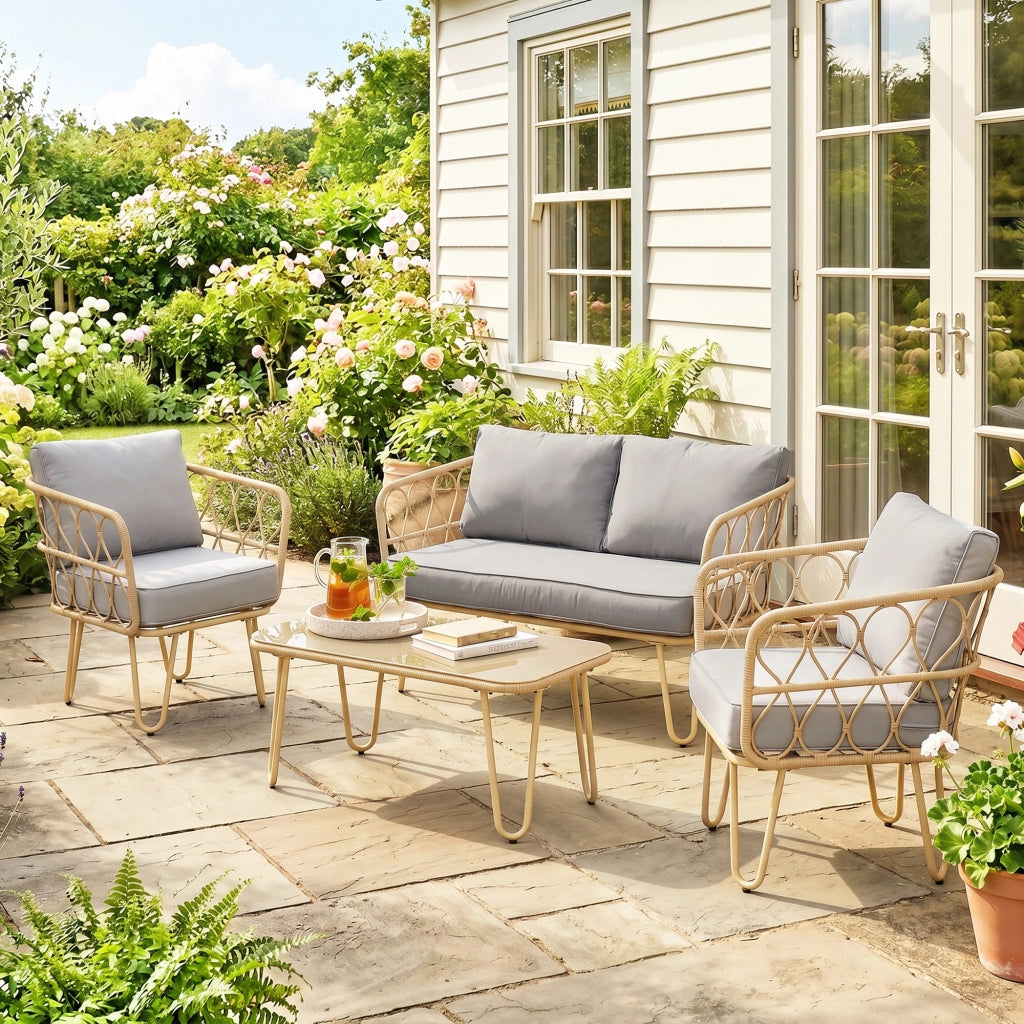 Set Salotto da Giardino in Rattan ¨C zephmum ¨C Divano 2 Posti, 2 Poltrone, Tavolino con Piano in Vetro