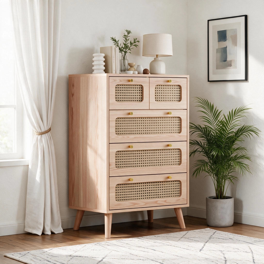 Cassettiera camera da letto 60x34x91 cm 5 cassetti mobiletto con cassetti in legno e rattan per soggiorno ingresso - Colore legno naturale