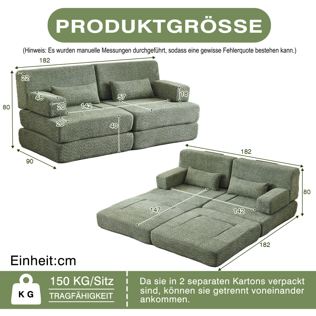 Divano Letto Modulare 2 in 1 Pieghevole in Ciniglia Verde per Soggiorno Camera da Letto e Ufficio