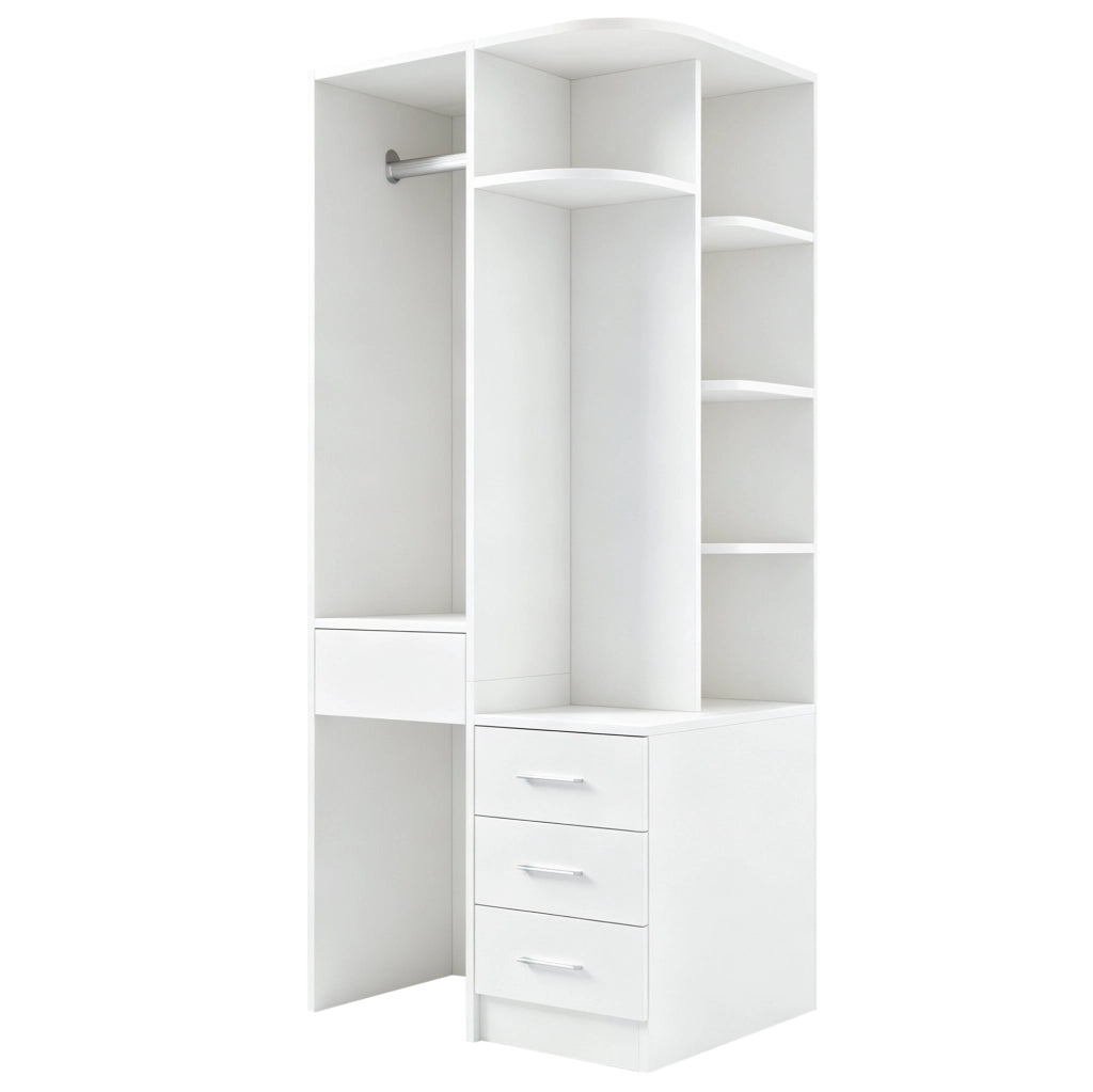 Armadio aperto 70x55x175 cm in MDF bianco con appendiabiti e cassetti
