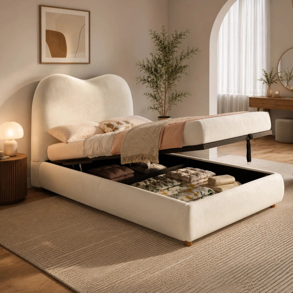 Letto per bambini 90x200 cm con vano contenitore idraulico; rete a doghe; velluto beige