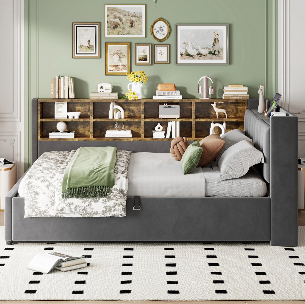 Letto contenitore 140x200 cm in velluto grigio scuro con luci, USB e vani