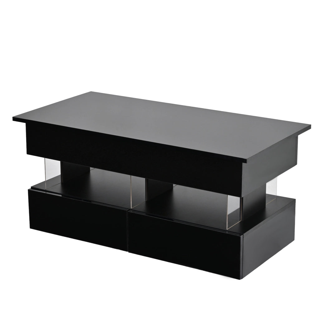 Tavolino da caffè nero 100x50x46 cm con piano sollevabile, 2 cassetti e LED controllabile via app
