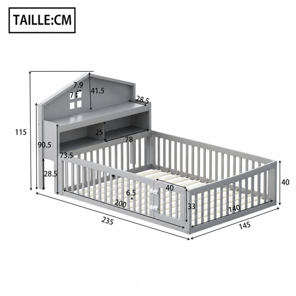 Letto per bambini a pavimento 140 × 200 cm con lavagna ripiani protezione porta e rete a doghe grigio