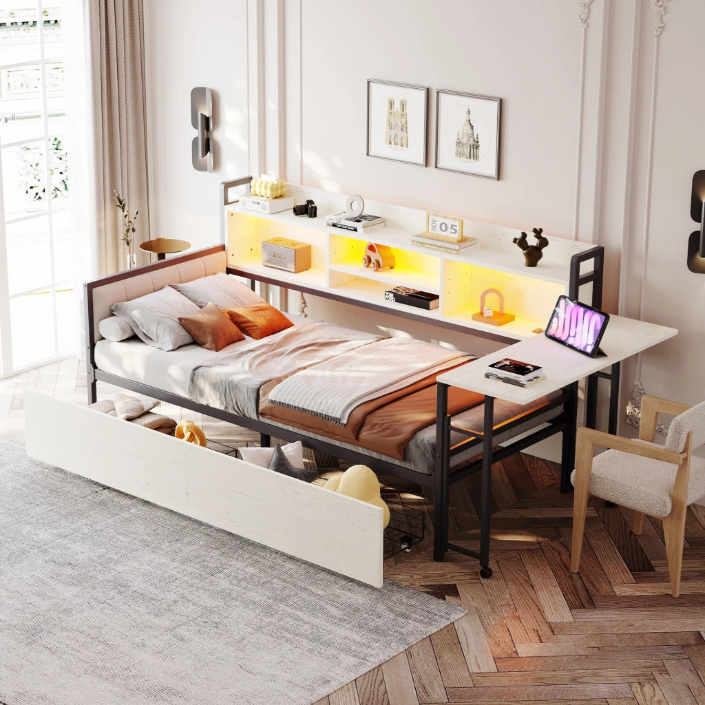 Divano letto in ferro 90 x 200 cm con luce LED e contenitore, cassetti e presa multipla, scrivania estraibile, schienale - Bianco