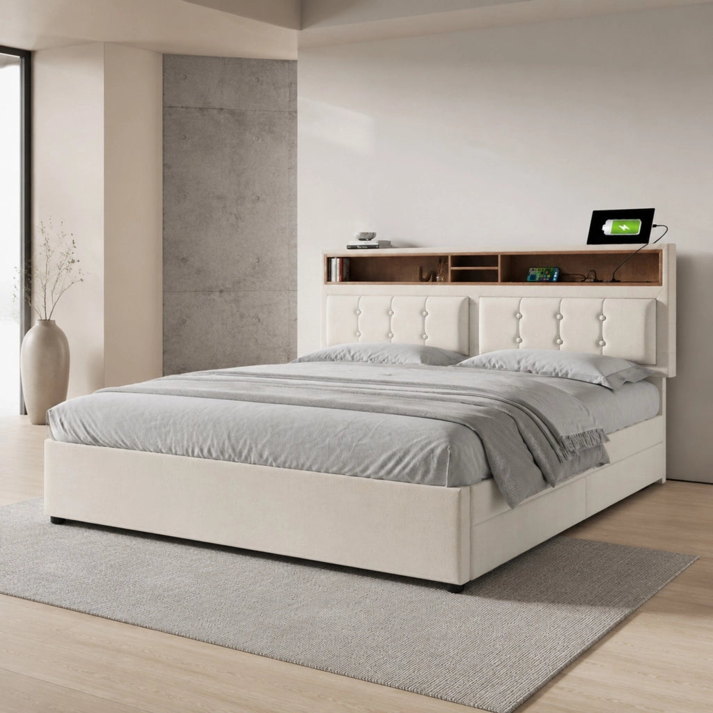 Letto imbottito beige 140 x 200 cm con 4 cassetti, prese USB e Tipo-C