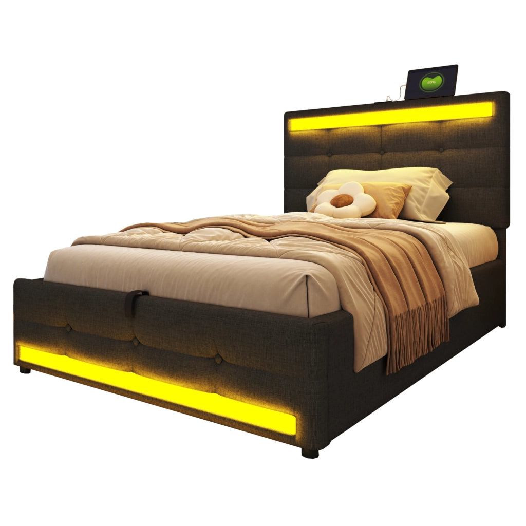 Letto imbottito LED con USB e contenitore visivo moderno
