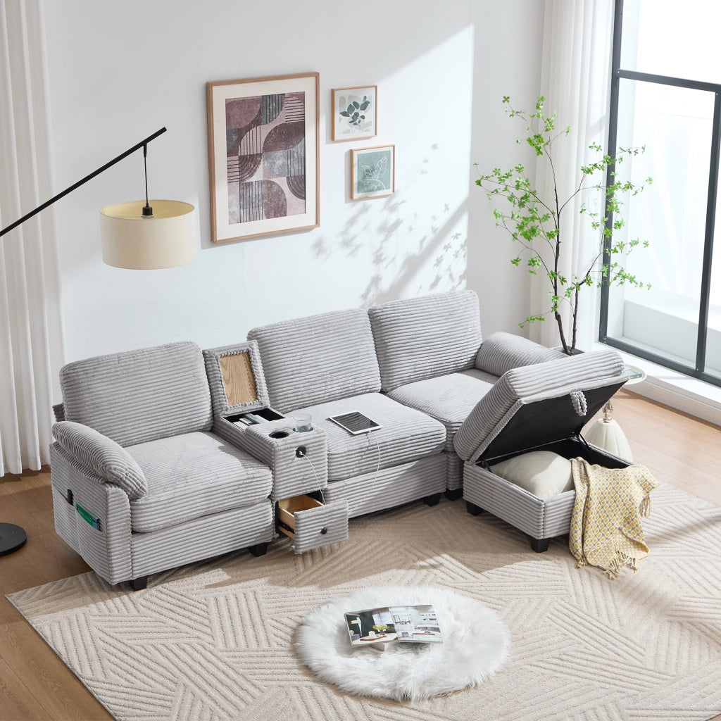 Divano modulare con USB-C; contenitore; tasche laterali e console scorrevole in corda grigio chiaro