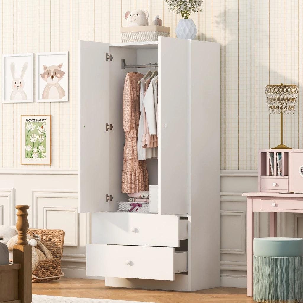 Armadio con asta appendiabiti e 2 cassetti; struttura stabile; in MDF; bianco; per camera da letto e cabina armadio; 70×40×170 cm