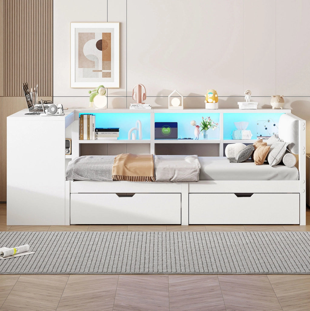 Letto piattaforma 90x200 cm con 2 cassetti; ripiani; prese USB e LED; bianco