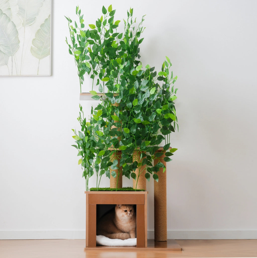 Tiragraffi per gatti ad albero con 3 piattaforme; cuccia e foglie rimovibili; 60×45×158 cm; MDF verde