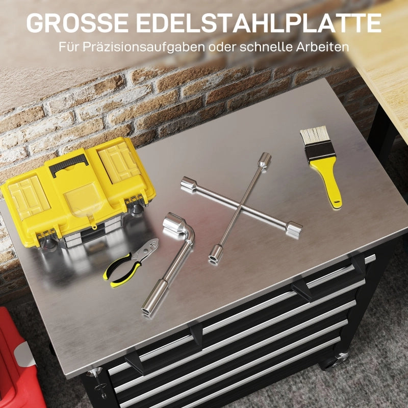 Carrello portautensili con 5 cassetti e piano di lavoro in acciaio inox; ruote con freno; nero 72.5 × 41.5 × 73.5 cm