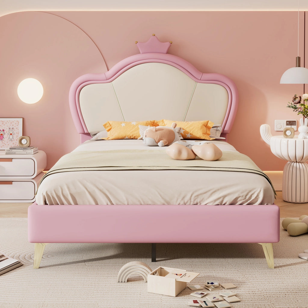 Lit enfant rembourré 90x200 cm rose et blanc avec tête de lit couronne; protection douce et structure stable