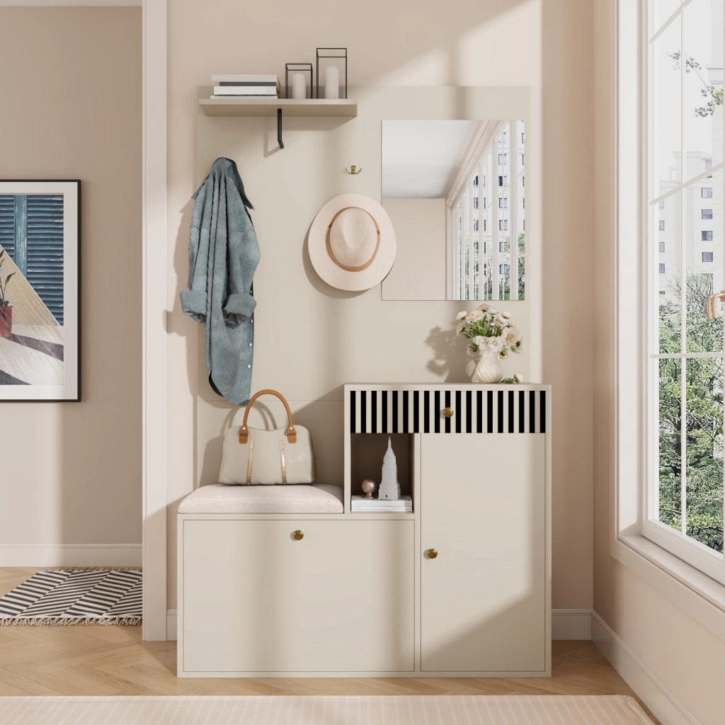 Set mobili da ingresso con specchio, panca imbottita, ripiani, appendiabiti e scarpiera in MDF Beige Crema