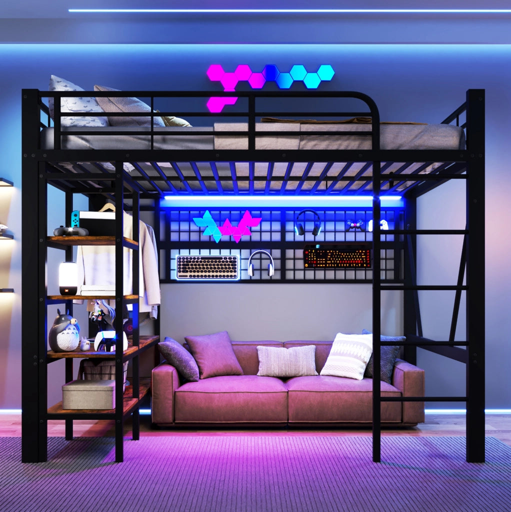Letto a soppalco 140x200 cm in metallo nero con LED; ripiano e rete appendioggetti HOMVRA