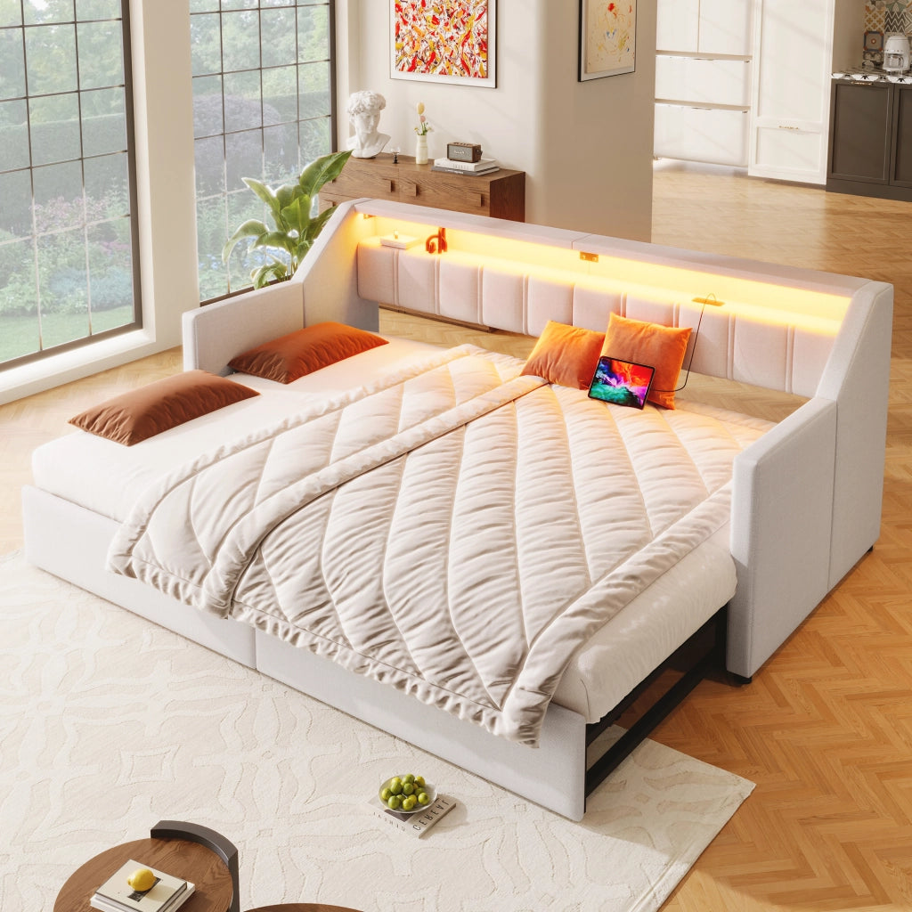 OKWISH Letto a Scomparsa 90×200 cm, Letto Singolo con USB, Tipo C, LED Regolabile, 2 Cassetti e Tasche Contenitore, senza Materasso, Beige
