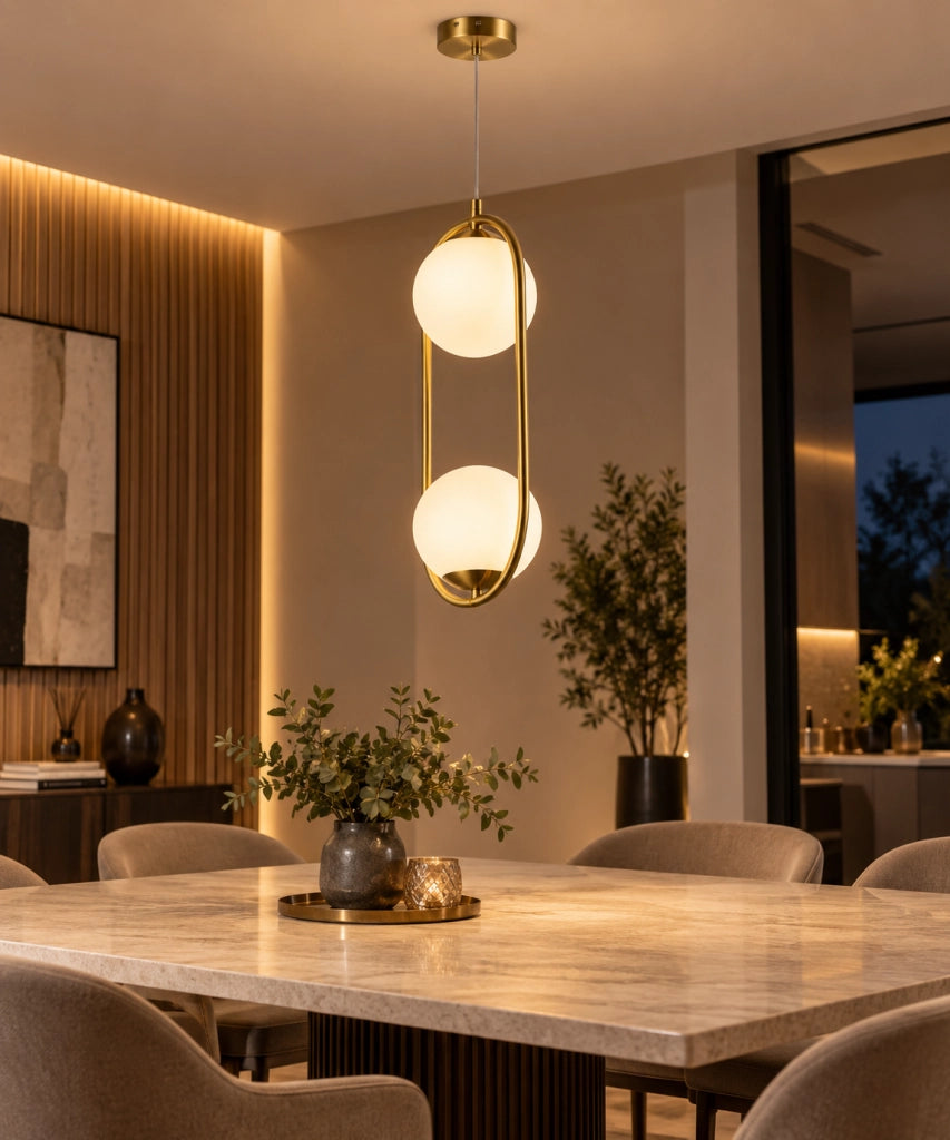 Lampadario a Sospensione Oro con 2 Sfere Opaline in plastica G9 – Design Moderno