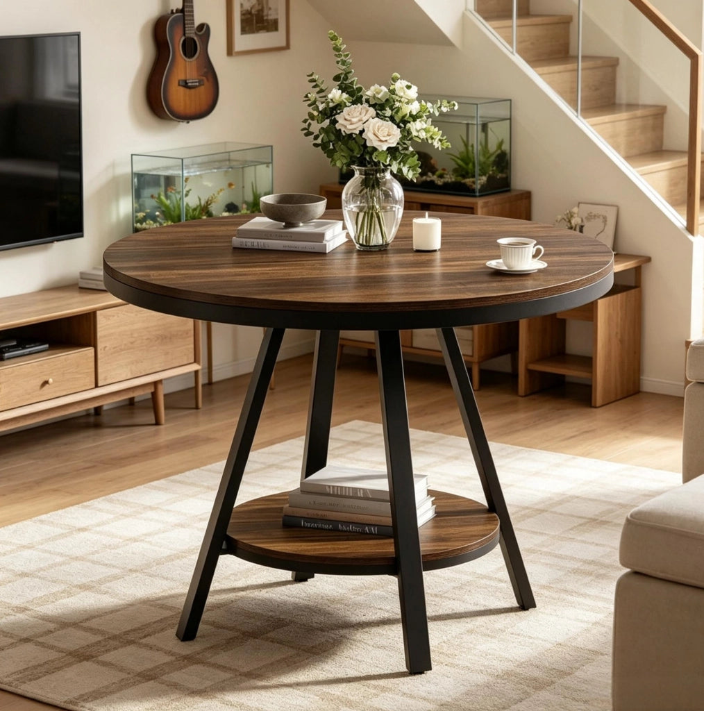 Tavolo da pranzo rotondo ULEVR ? 90 cm con ripiano inferiore, MDF e metallo, nero e marrone rustico