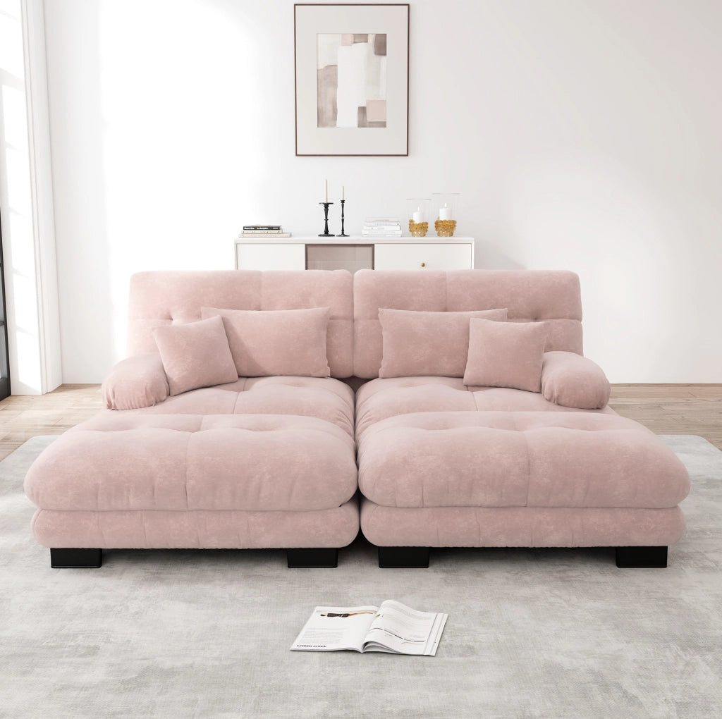 Divano modulare in ciniglia rosa con pouf mobili