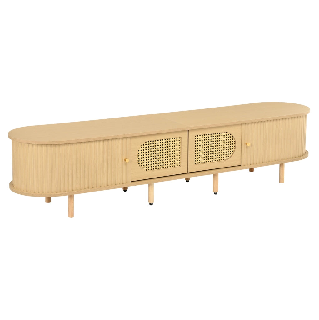 Mobile TV in MDF color legno chiaro 180 x 40 x 40 cm con ante in rattan; per TV fino a 75 pollici