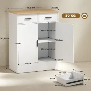 Sideboard in legno naturale bianco con 2 cassetti e ripiano regolabile, mobile contenitore per cucina, soggiorno e ingresso