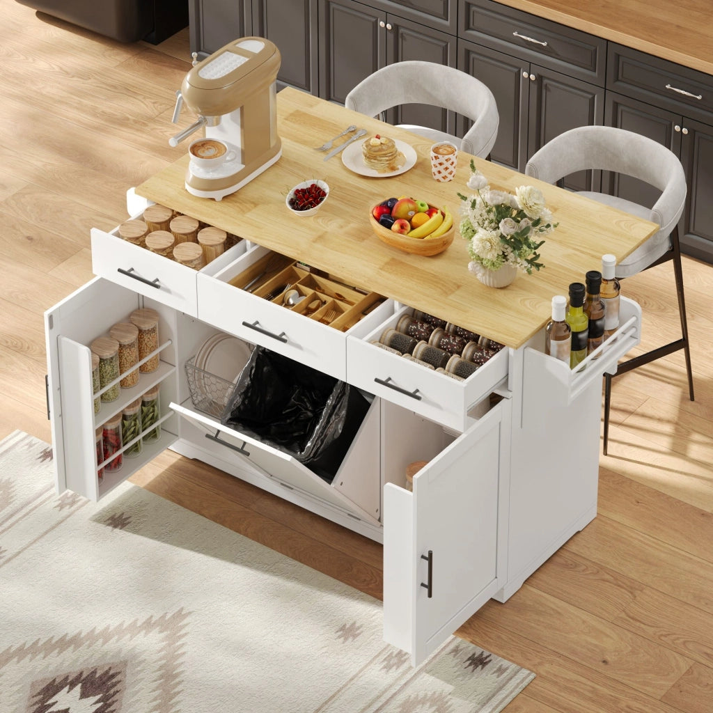 Isola da cucina mobile, carrello da cucina, credenza, piano di lavoro pieghevole, 3 cassetti, mobile con cestino dei rifiuti,, bianco e legno naturale