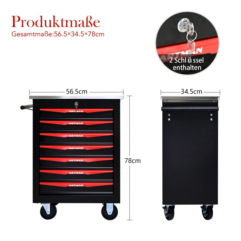 Carrello portautensili con 7 cassetti chiudibile a chiave in acciaio con ruote nero e rosso 62.5 × 34.5 × 78 cm