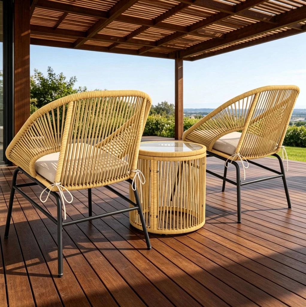 Set balcone beige con 2 poltrone e tavolo rotondo