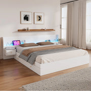 Letto matrimoniale 180 × 200 cm con LED; prese e USB; due comodini e cassetti; in MDF bianco; senza materasso