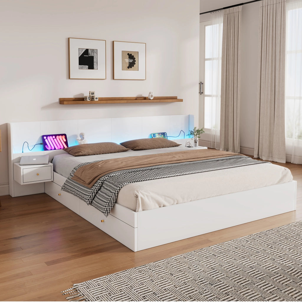 Letto matrimoniale 180 × 200 cm con LED; prese e USB; due comodini e cassetti; in MDF bianco; senza materasso