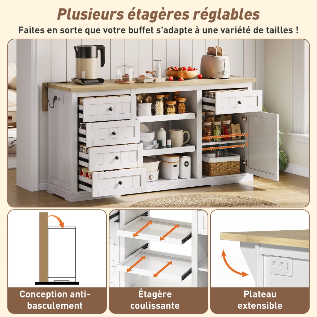 Credenza con piano ribaltabile 5 cassetti 2 ripiani estraibili prese e USB bianco naturale 150 × 65 × 75.5 cm