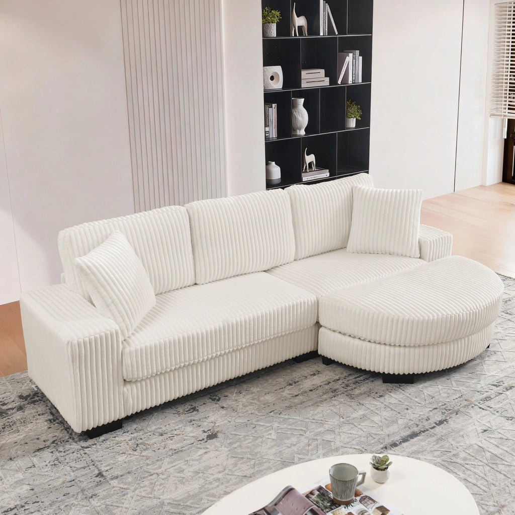 Divano angolare a L 4 posti in velluto a costine beige con pouf ovale modulare e 2 cuscini