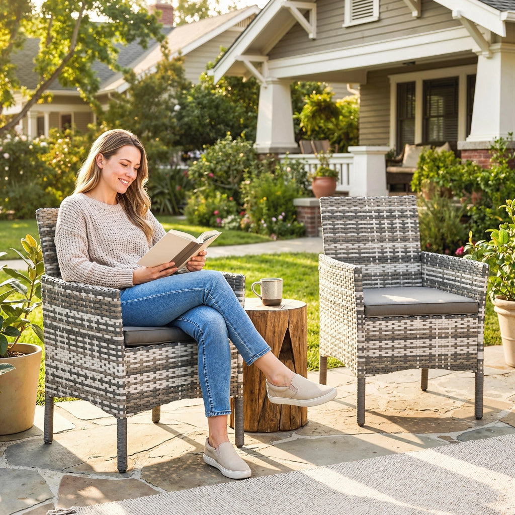 Set 2 Sedie da Giardino in Rattan e Acciaio con Cuscini, Braccioli e Schienale Alto, 58x62x87 cm, Grigio