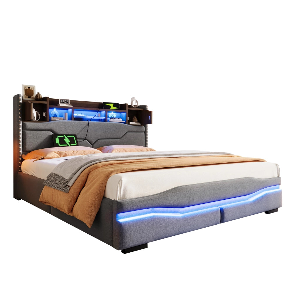 Letto matrimoniale 160x200 cm imbottito in lino grigio con contenitore idraulico e luci LED