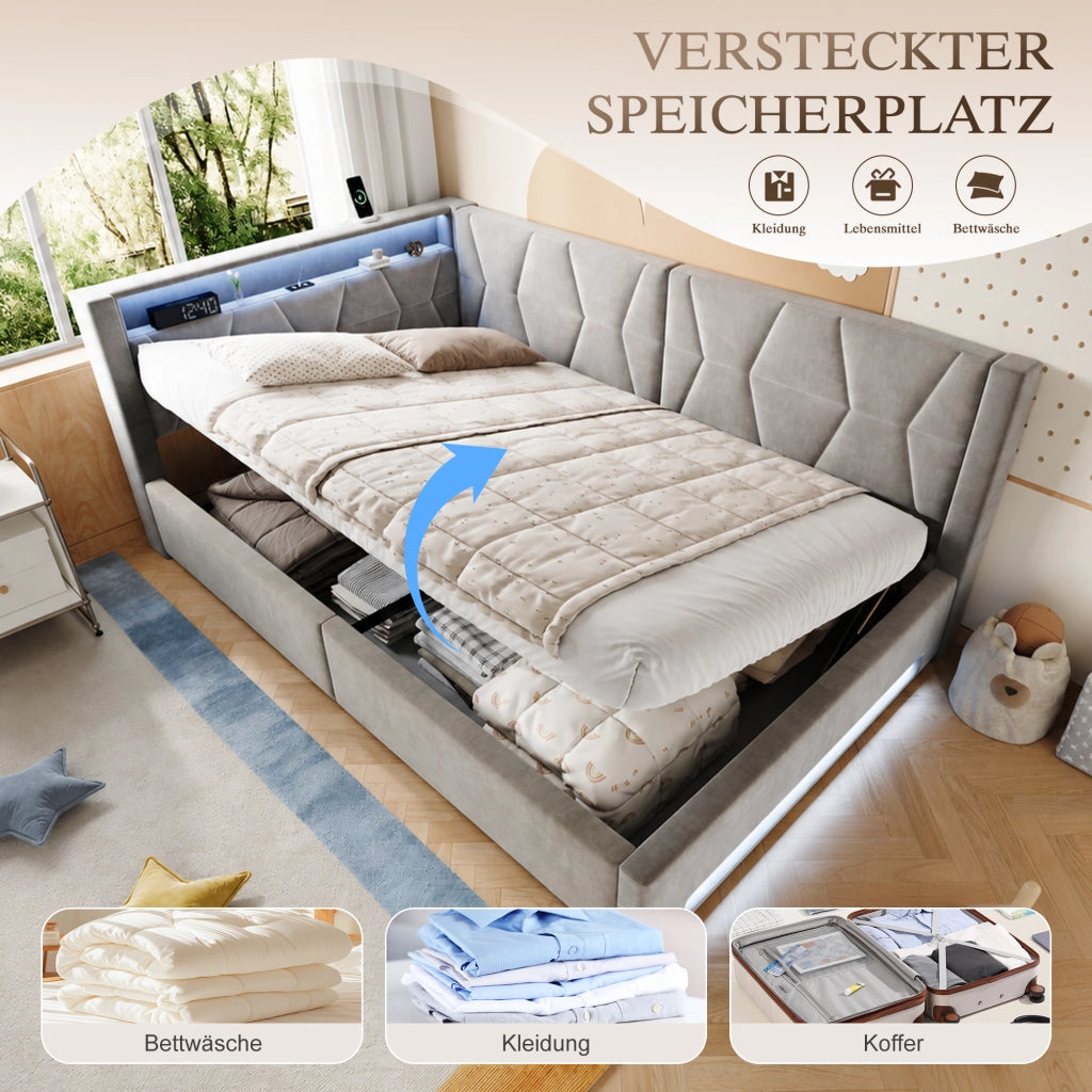 Letto contenitore imbottito 140x200 cm con LED; USB e Type-C; rete a doghe; velluto grigio scuro