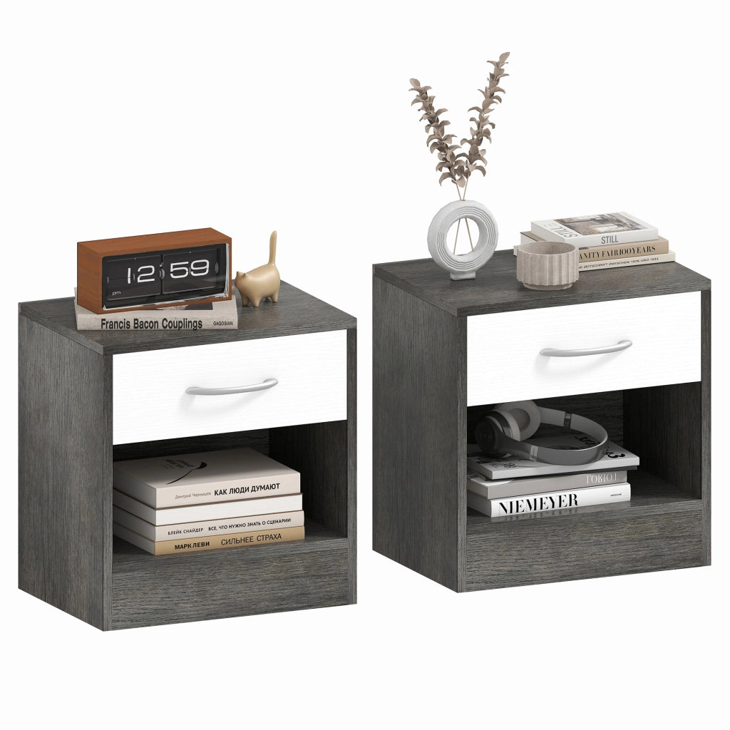 Set 2 Comodini da Notte Moderni con Cassetto e Ripiano Aperto, Tavolini Salvaspazio in Legno per Camera e Salotto, 39x28x41 cm, Bianco e Grigio