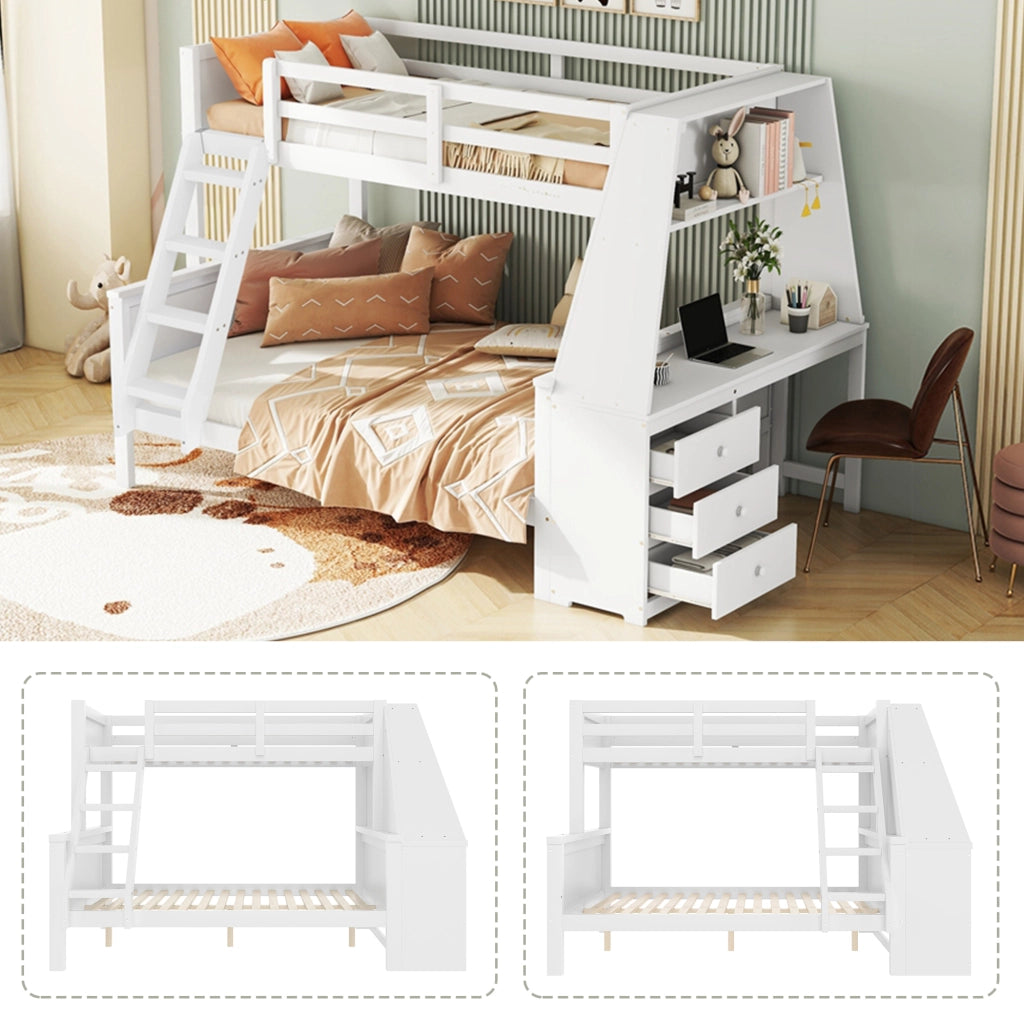 Letto a castello bambini 90x200/140x200 cm bianco con contenitore
