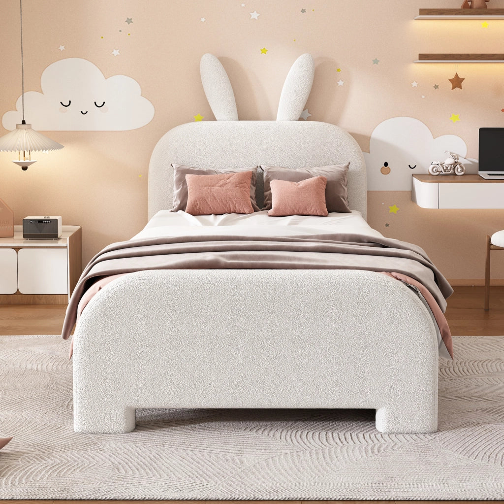 Letto singolo per bambini 90x200 cm con coniglio, 2 cassetti, bianco