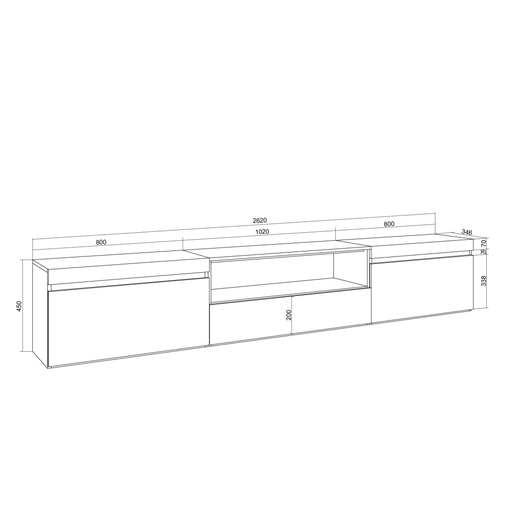 Mobile TV Soggiorno, 260x45x35cm, TV di grande formato, Sospeso, da appendere, Bianco e Rovere soft