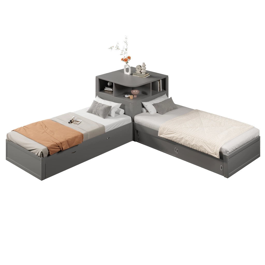 Letto a piattaforma a L 90x200 cm con letto estraibile e contenitore con porta scorrevole, luce notturna inclusa, Grigio