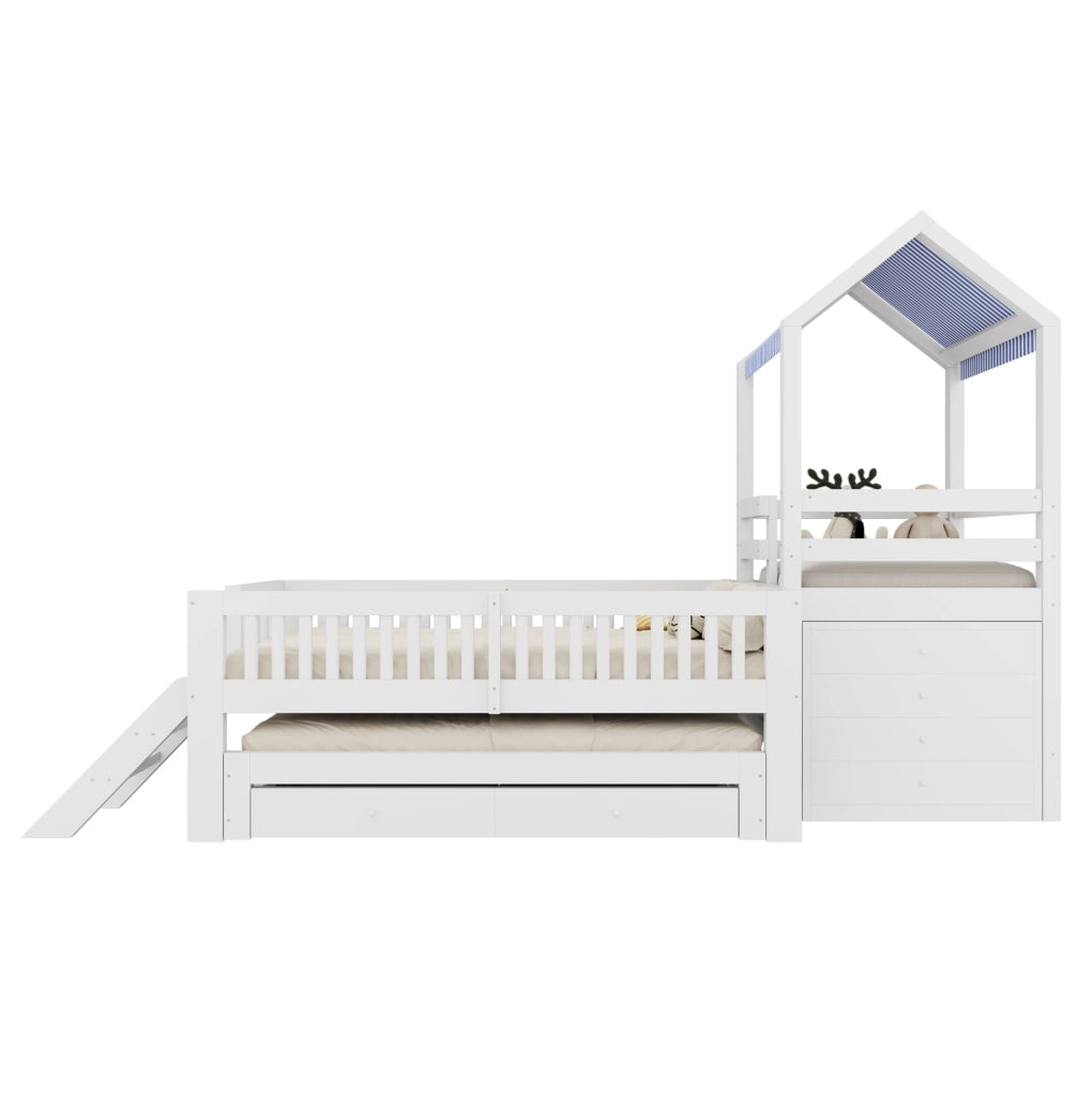Letto per bambini a soppalco 90x200 cm con lettino estraibile 90x190 cm, struttura in legno massello bianco con scaletta laterale e cassettiera a 4 cassetti