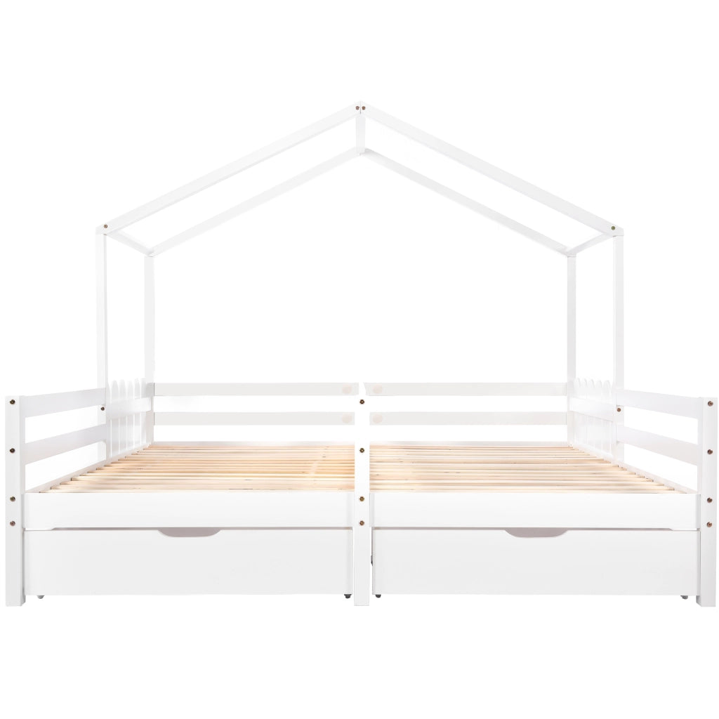 Letto casetta doppio 200×90 cm con 2 cassetti; sponda di sicurezza; senza materasso; bianco