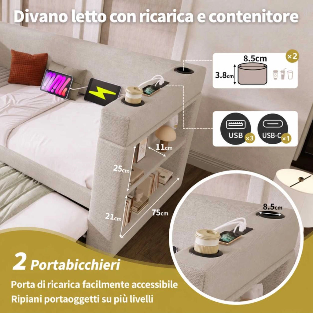 Letto divano con letto estraibile 90x200 cm beige in tessuto misto cotone e lino con seconda rete estraibile; USB e USB-C; portabicchieri