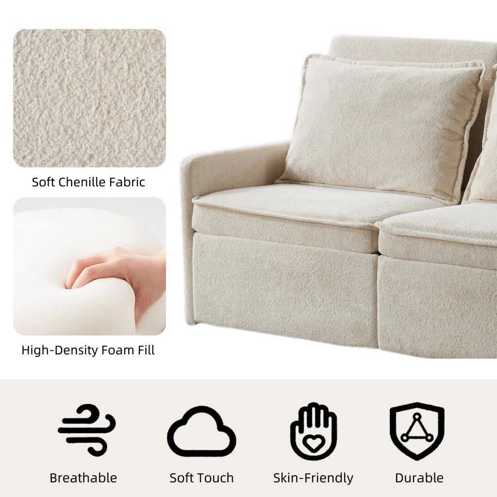 Divano Letto 3 in 1 Beige in Ciniglia con Presa USB e Vano Contenitore, Schienale Regolabile a 5 Livelli e Cuscini Salvaspazio
