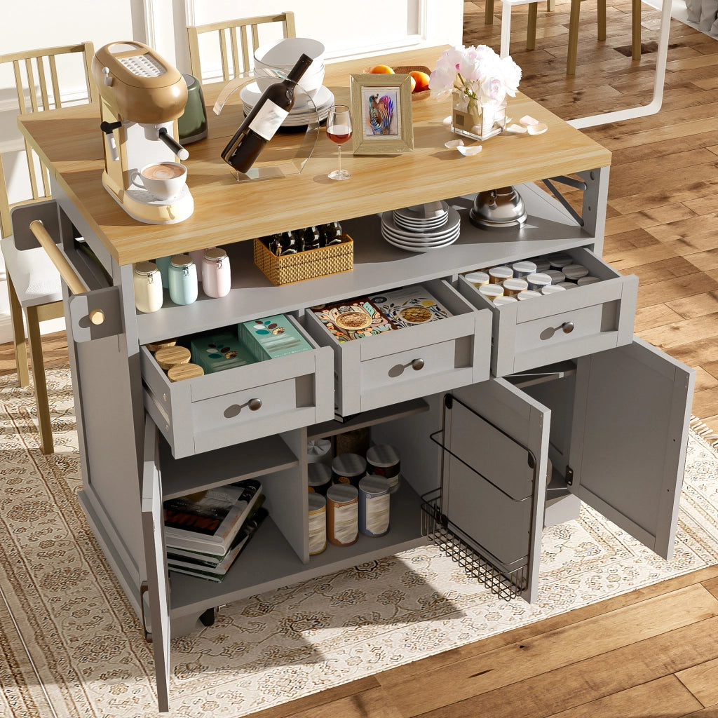 Isola cucina con piano richiudibile 118x43-80x98 cm, carrello multiuso grigio con 3 cassetti e rotelle