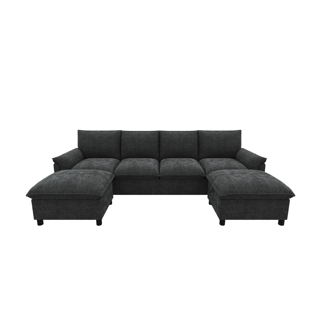 Divano panoramico a U in ciniglia nero con 2 pouf contenitore e schienale alto 264.5 × 142.5 × 84 cm